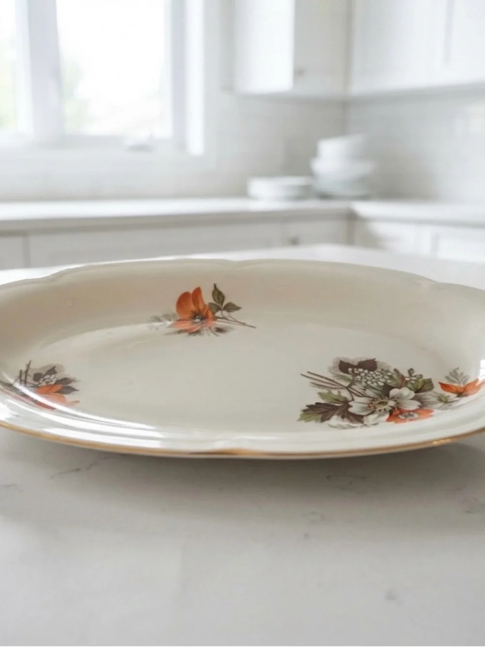 Vintage Soviet Korosten Porcelain Oval Platter Orange Floral 1970s USSR 12